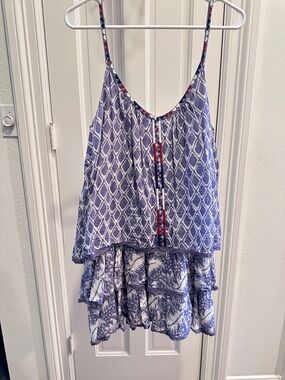 Free People Blue and White Patterned Tiered Spaghetti-Strap Camisole
